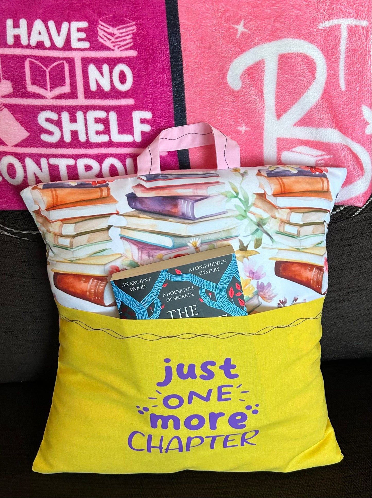 Handmade Reading Pillow - Pastel Book Design - Yellow Pocket