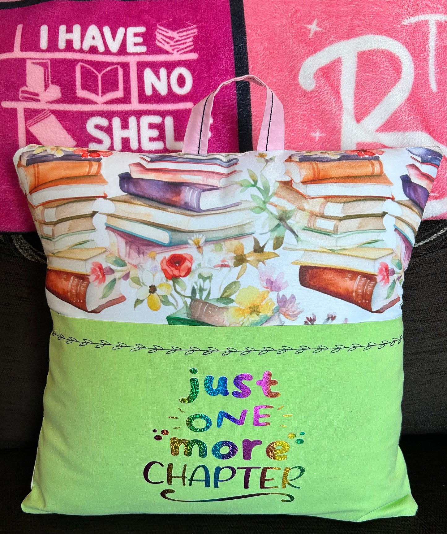 Handmade Reading Pillow - Pastel Book Design - Green Pocket