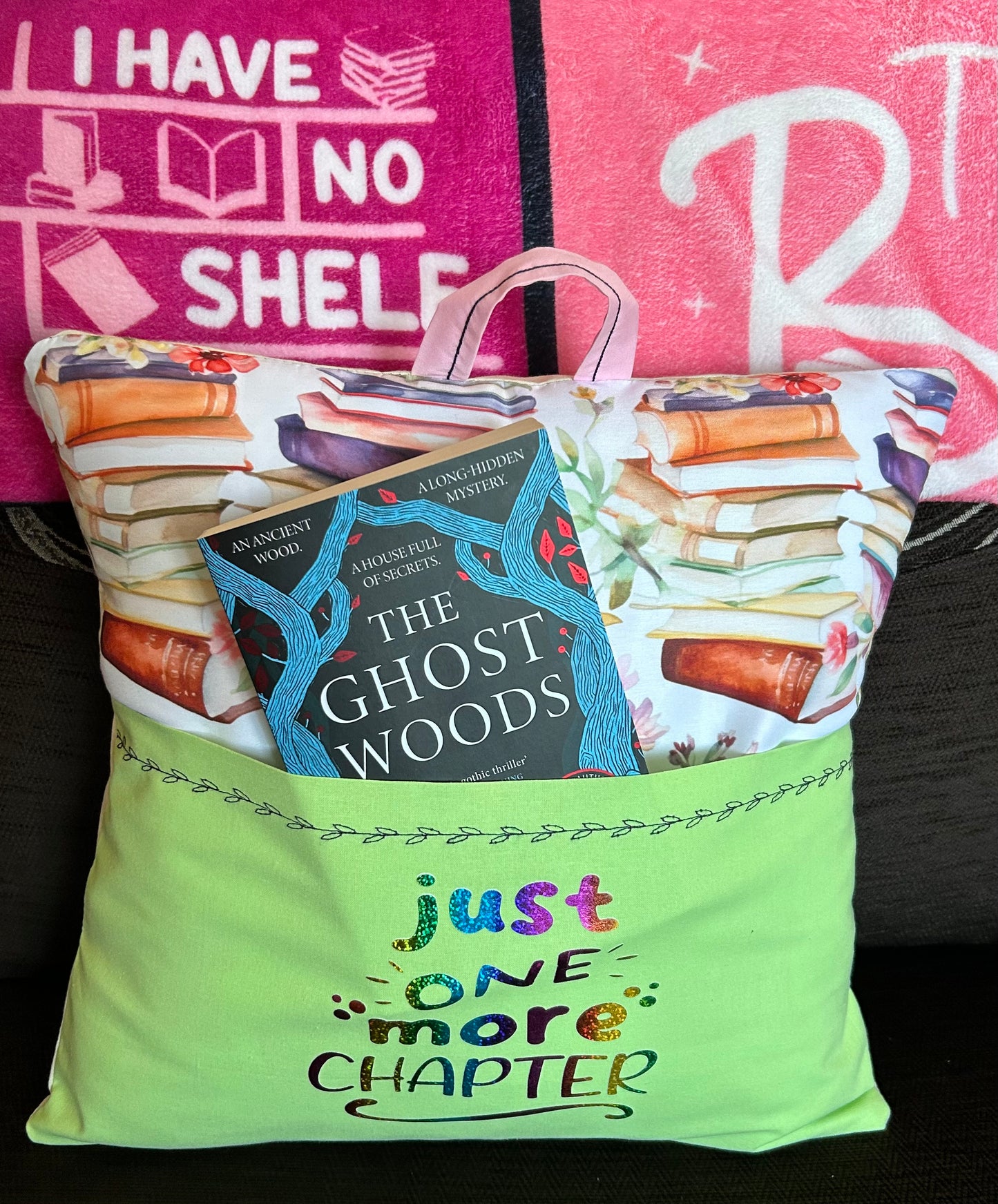 Handmade Reading Pillow - Pastel Book Design - Green Pocket