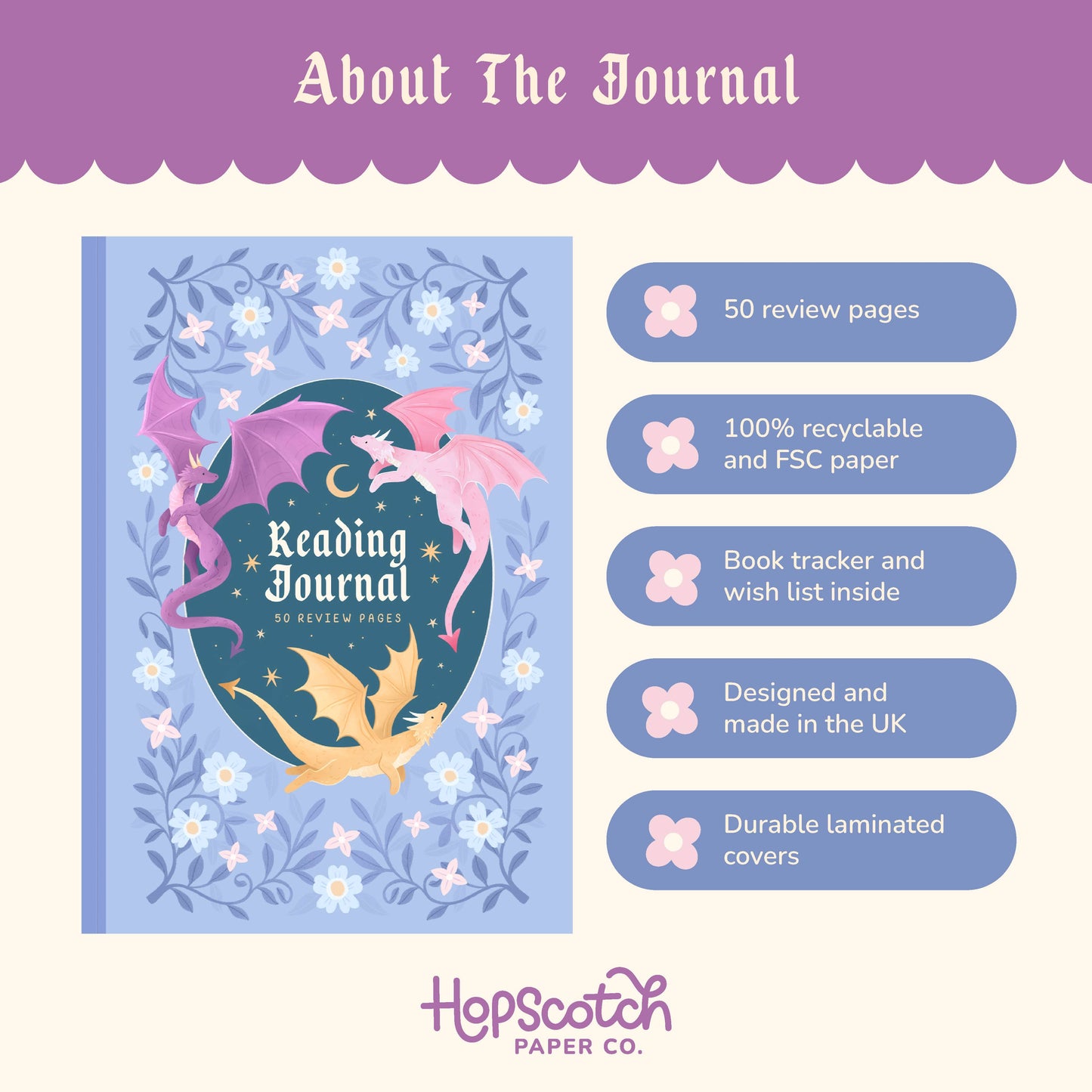 Reading Journal Dragon, Cosy Quest – 50 Book Review Notebook